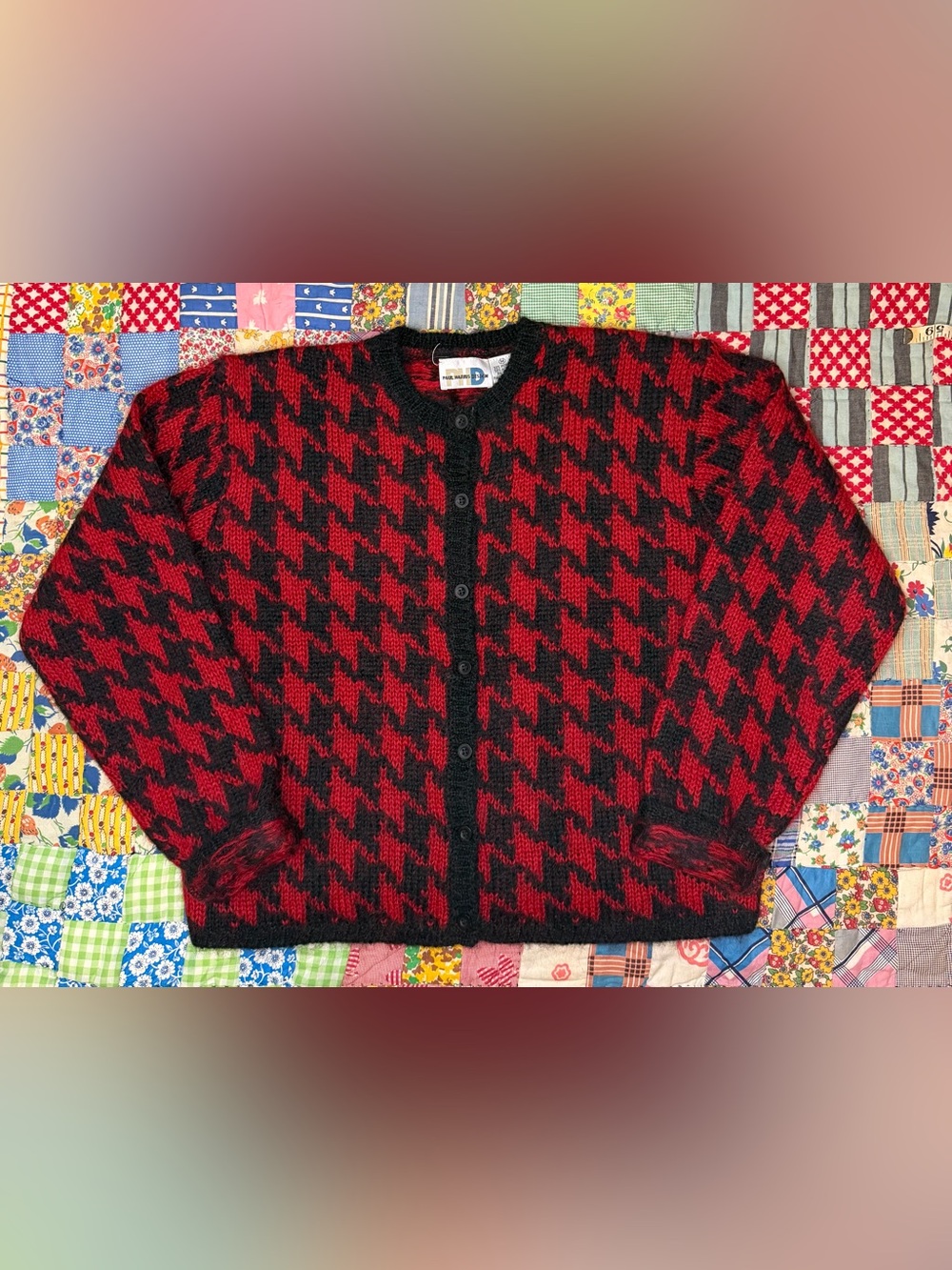 VTG 80s Mohair Blend Red and Black Houndstooth Button Cardigan Sweater MEDIUM